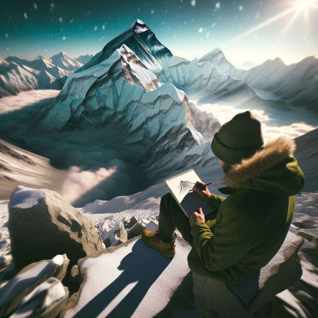 someone gazing at Mount Everest, digital art, depth effects